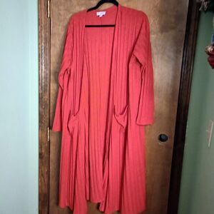 LulaRoe Long Line Open Front Duster  Cardigan XL Red Cable Knit Pockets Boho